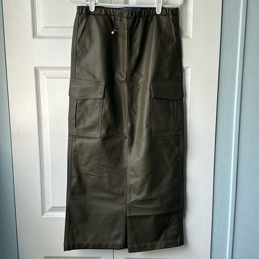 Indigo Rising SEXY Faux Leather Olive Cargo Long Maxi Skirt Size small